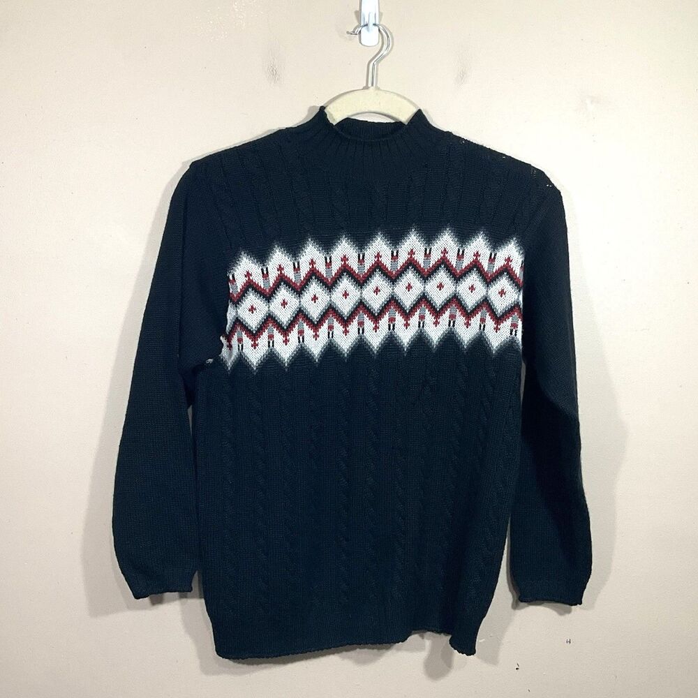 VTG Russ Womens Fair Isle Mock Neck Cable Knit Sweater M Black 90s Holidays Ski